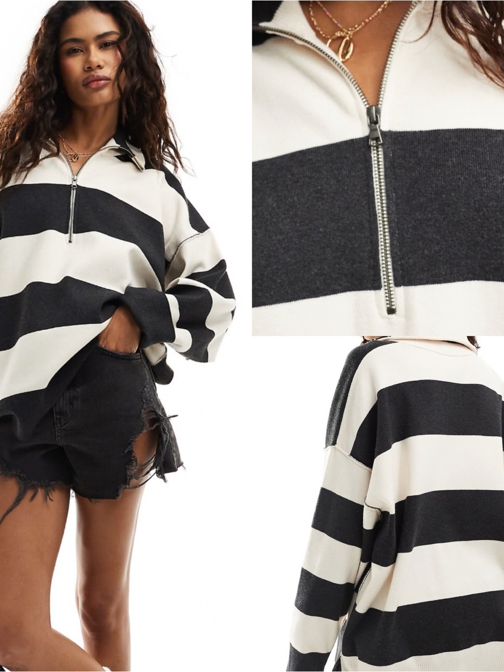Free People Coastal Half Zip Pullover - Black & White Striped